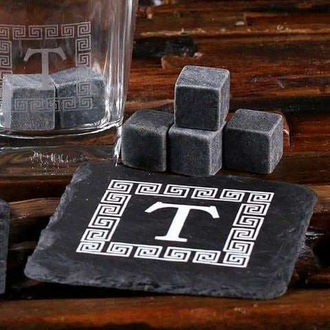 Image of 2 Slate Coasters 2 Whiskey Glasses and 8 Sipping Stones with Engraved Wood Box - Drinkware - Whiskey Gifts