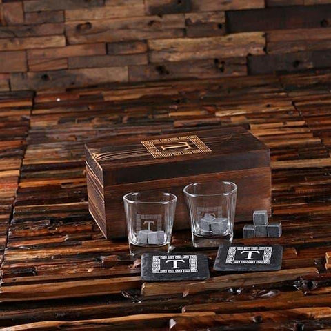 Image of 2 Slate Coasters 2 Whiskey Glasses and 8 Sipping Stones with Engraved Wood Box - Drinkware - Whiskey Gifts