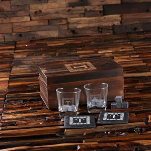 2 Slate Coasters 2 Whiskey Glasses and 8 Sipping Stones with Engraved Wood Box - Drinkware - Whiskey Gifts