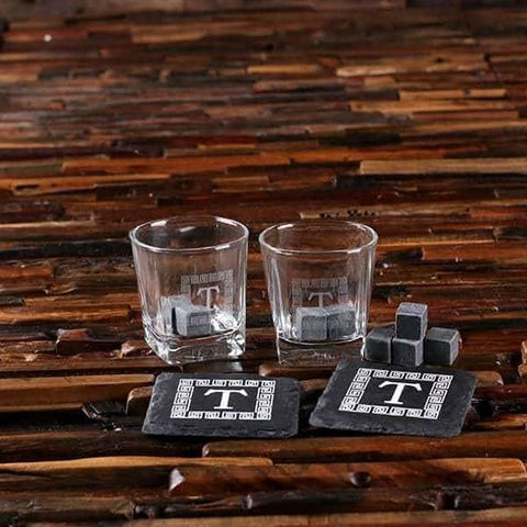 Image of 2 Slate Coasters 2 Whiskey Glasses and 8 Sipping Stones with Printed Wood Box - Drinkware - Whiskey Gifts