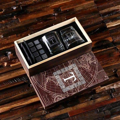 Image of 2 Slate Coasters 2 Whiskey Glasses and 8 Sipping Stones with Printed Wood Box - Drinkware - Whiskey Gifts