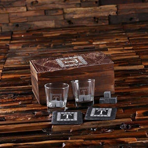 2 Slate Coasters 2 Whiskey Glasses and 8 Sipping Stones with Printed Wood Box - Drinkware - Whiskey Gifts