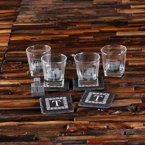 Image of 4 Slate Coasters 4 Whiskey Glasses and 18 Sipping Stones with Engraved Wood Box - Drinkware - Whiskey Gifts