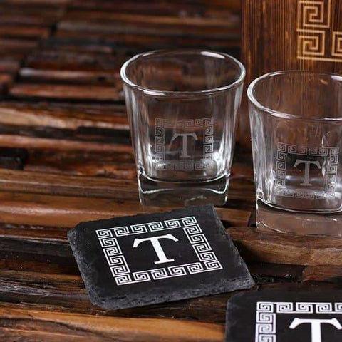 Image of 4 Whiskey Glasses and 4 Slate Coasters with Engraved Wood Box - Drinkware - Whiskey Gifts