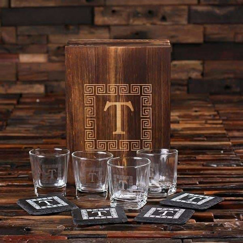 Image of 4 Whiskey Glasses and 4 Slate Coasters with Engraved Wood Box - Drinkware - Whiskey Gifts
