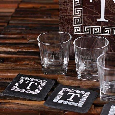 Image of 4 Whiskey Glasses and 4 Slate Coasters with Printed Wood Box - Drinkware - Whiskey Gifts