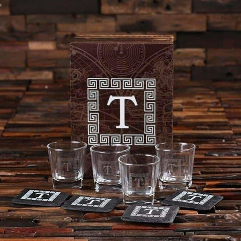 Image of 4 Whiskey Glasses and 4 Slate Coasters with Printed Wood Box - Drinkware - Whiskey Gifts