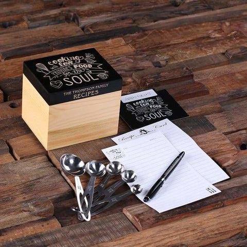 Image of 50 Recipe Cards Box Engraved with Dividers Labels Personalized Pen and Measuring Spoons-A - Recipe Boxes