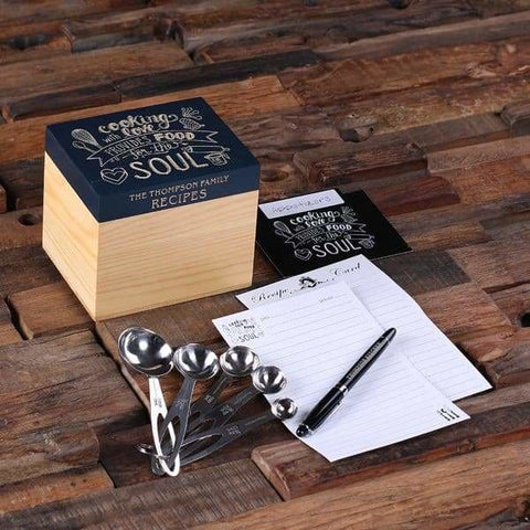 Image of 50 Recipe Cards Box Engraved with Dividers Labels Personalized Pen and Measuring Spoons-A - Recipe Boxes