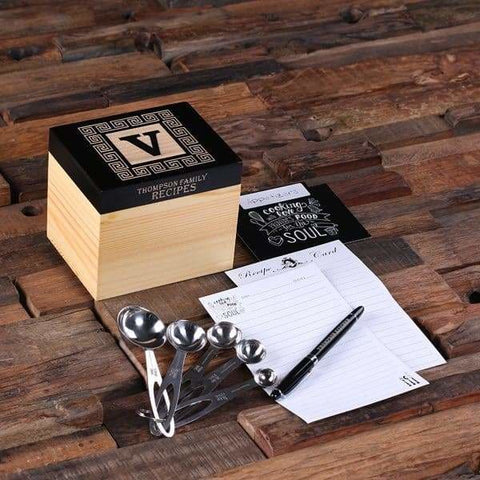Image of 50 Recipe Cards Box Engraved with Dividers Labels Personalized Pen and Measuring Spoons-B - Recipe Boxes