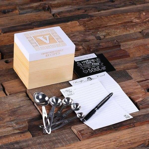 Image of 50 Recipe Cards Box Engraved with Dividers Labels Personalized Pen and Measuring Spoons-B - Recipe Boxes