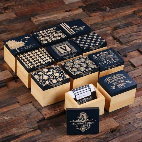 Image of 50 Recipe Cards Box Engraved with Dividers Labels Personalized Pen and Measuring Spoons-C - Recipe Boxes