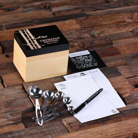 Image of 50 Recipe Cards Box Engraved with Dividers Labels Personalized Pen and Measuring Spoons-D - Recipe Boxes