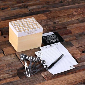 50 Recipe Cards Box Engraved with Dividers Labels Personalized Pen and Measuring Spoons-E - Recipe Boxes