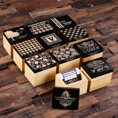 Image of 50 Recipe Cards Box Engraved with Dividers Labels Personalized Pen and Measuring Spoons-E - Recipe Boxes