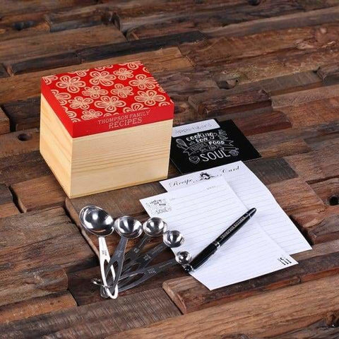 Image of 50 Recipe Cards Box Engraved with Dividers Labels Personalized Pen and Measuring Spoons-F - Recipe Boxes