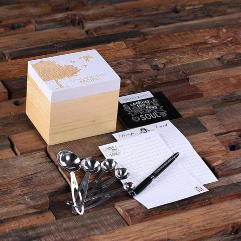 Image of 50 Recipe Cards Box Engraved with Dividers Labels Personalized Pen and Measuring Spoons-G - Recipe Boxes