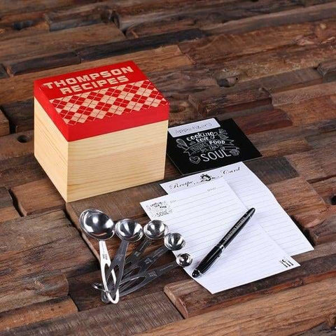 Image of 50 Recipe Cards Box Engraved with Dividers Labels Personalized Pen and Measuring Spoons-I - Recipe Boxes