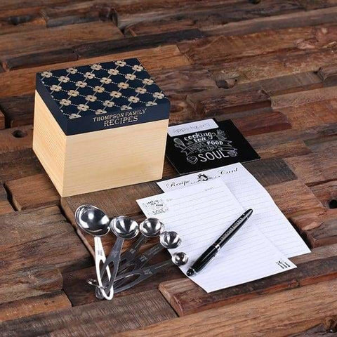 Image of 50 Recipe Cards Box Engraved with Dividers Labels Personalized Pen and Measuring Spoons-J - Recipe Boxes