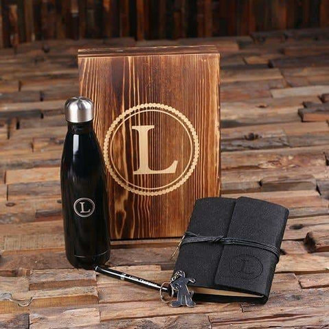 Image of 5pc Womens Gift Set Personalized Monogramed Felt Journal Water Bottle Pen Key Chain and Wood Box Black - Water Bottle Gift Sets