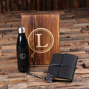 5pc Womens Gift Set Personalized Monogramed Felt Journal Water Bottle Pen Key Chain and Wood Box Black - Water Bottle Gift Sets