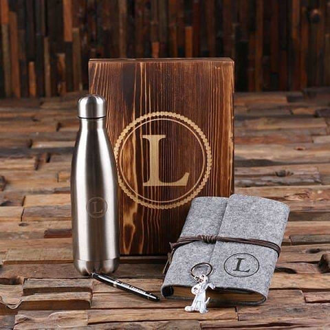 Image of 5pc Womens Gift Set Personalized Monogramed Felt Journal Water Bottle Pen Key Chain and Wood Box Grey - Water Bottle Gift Sets