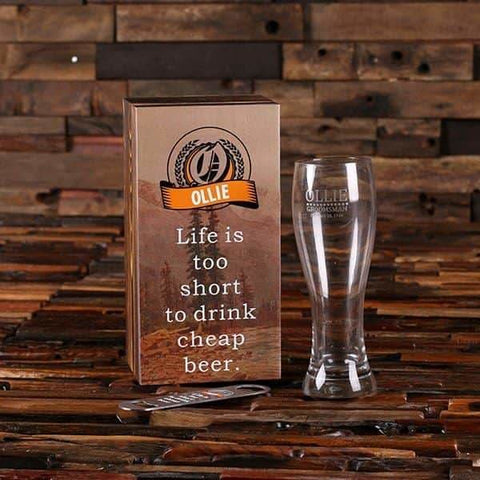 Image of Bottle Opener and Pilsner Pint Beer Glass with Printed Wood Box - All Products