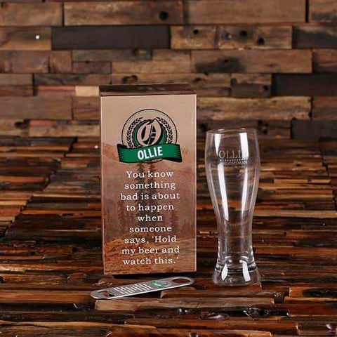 Image of Bottle Opener and Pilsner Pint Beer Glass with Printed Wood Box - Drinkware - Beer Gift Sets