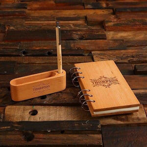 Custom Dark or Light Brown Wood Pen Business Card Holder & Journal - All Products