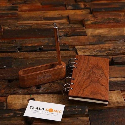 Image of Custom Dark or Light Brown Wood Pen Business Card Holder & Journal - All Products