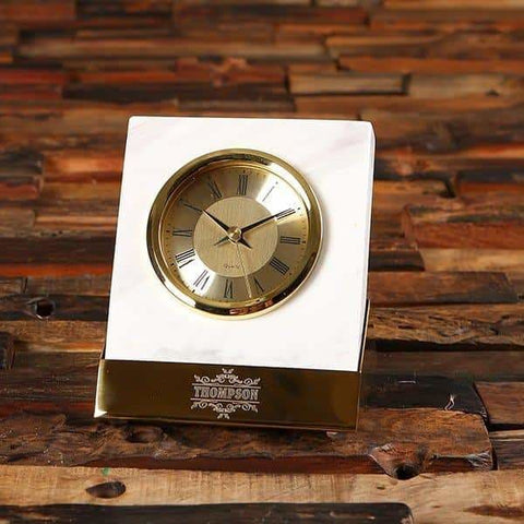 Image of Engraved Metal & Marble Slanted Desk Clock Executive Gift - All Products