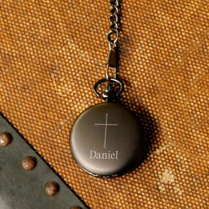 Engraved Pocket Watch - Engraved Cross - Inspirational - Confirmation Gifts - Gunmetal - Keepsake Gifts