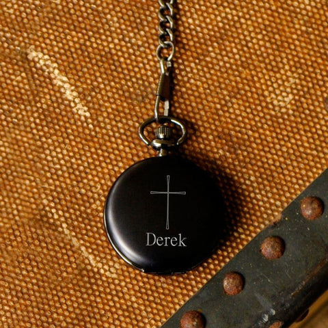 Image of Engraved Pocket Watch - Engraved Cross - Inspirational - Confirmation Gifts - Midnight - Keepsake Gifts