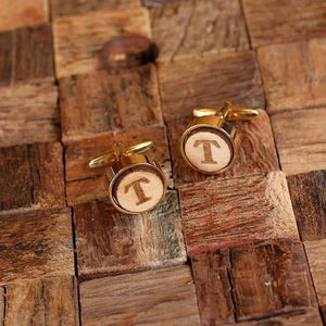 Gold Personalized Mens Classic Cuff Links Wood Inserts Circle - Cuff Links