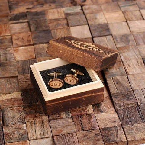Image of Gold Personalized Mens Classic Cuff Links Wood Inserts with Box Oval - Cuff Links & Gift Box