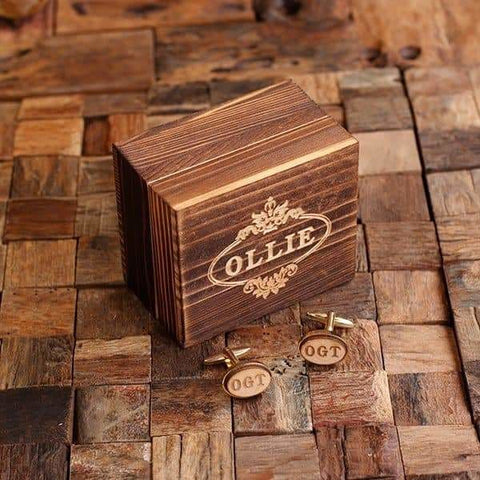 Image of Gold Personalized Mens Classic Cuff Links Wood Inserts with Box Oval - Cuff Links & Gift Box
