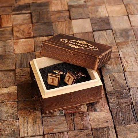 Image of Gold Personalized Mens Classic Cuff Links Wood Inserts with Box Square - Cuff Links & Gift Box