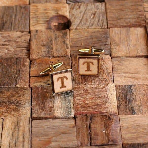 Image of Gold Personalized Mens Classic Cuff Links Wood Inserts with Box Square - Cuff Links & Gift Box