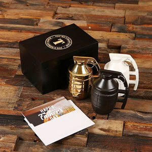 Grenade Coffee Mug with Personalized Wood Box Black White or Gold with Gift Card - Assorted Fathers Day