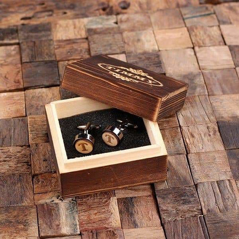 Image of Gun Metal Personalized Mens Classic Cuff Links Wood Inserts with Box Circle - Cuff Links & Gift Box