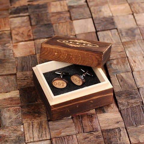 Image of Gun Metal Personalized Mens Classic Cuff Links Wood Inserts with Box Oval - Cuff Links & Gift Box