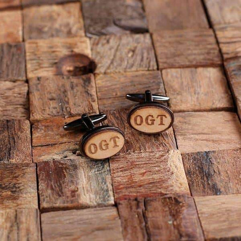 Image of Gun Metal Personalized Mens Classic Cuff Links Wood Inserts with Box Oval - Cuff Links & Gift Box