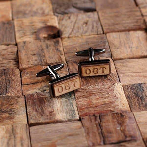 Gun Metal Personalized Mens Classic Cuff Links Wood Inserts with Box Rectangle - Cuff Links & Gift Box