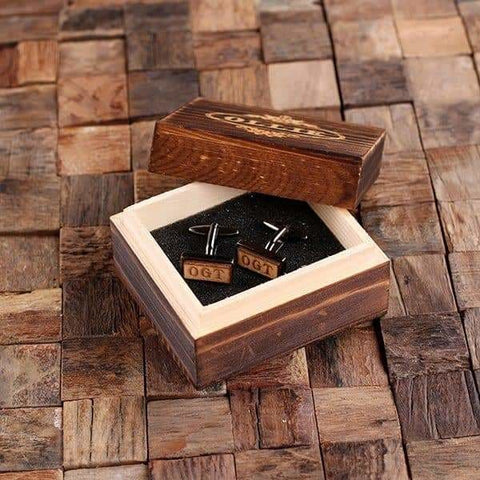 Image of Gun Metal Personalized Mens Classic Cuff Links Wood Inserts with Box Rectangle - Cuff Links & Gift Box