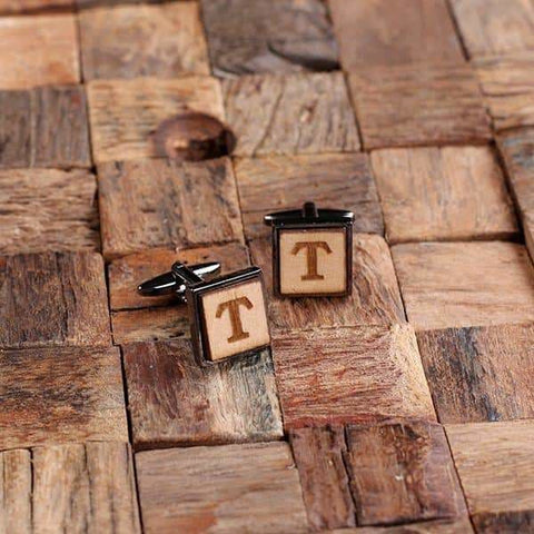 Image of Gun Metal Personalized Mens Classic Cuff Links Wood Inserts with Box Square - Cuff Links & Gift Box