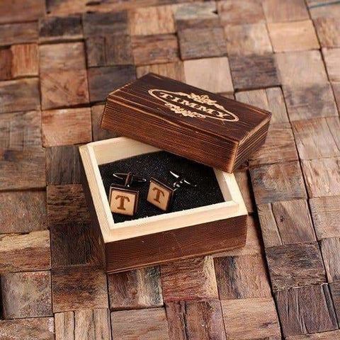 Image of Gun Metal Personalized Mens Classic Cuff Links Wood Inserts with Box Square - Cuff Links & Gift Box