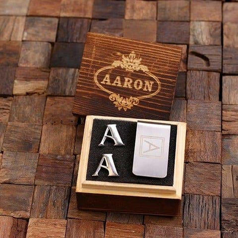 Image of Initial A Personalized Mens Classic Cuff Links & Money Clip with Wood Box - Cuff Links - Money Clip Set