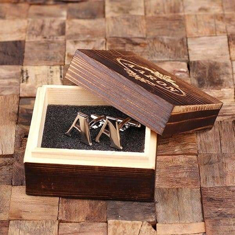 Image of Initial A Personalized Mens Classic Cuff Links with Wood Box - Cuff Links - A-Z Sets