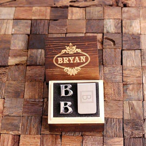 Image of Initial B Personalized Mens Classic Cuff Links & Money Clip with Wood Box - Cuff Links - Money Clip Set
