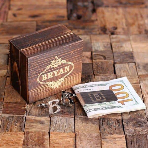 Image of Initial B Personalized Mens Classic Cuff Links & Money Clip with Wood Box - Cuff Links - Money Clip Set